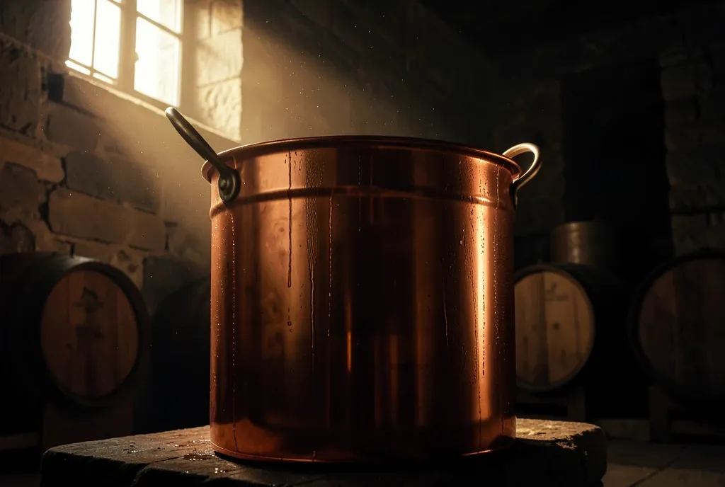 A polished copper pot still glowing in a shaft of light inside a dim stone distillery