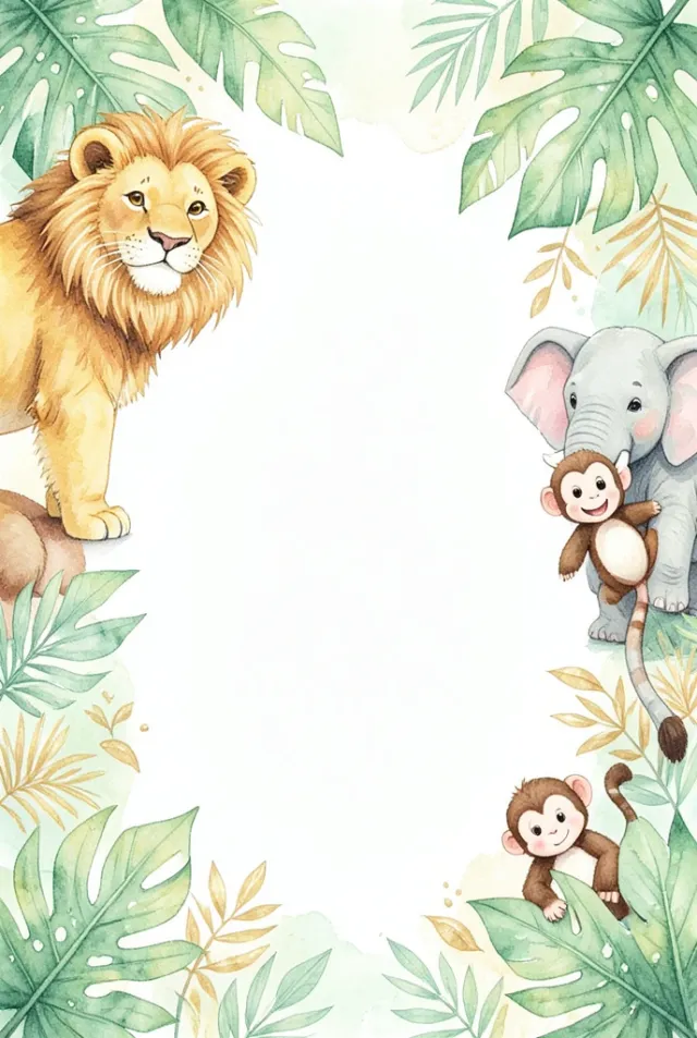 Whimsical jungle first birthday invitation with cute animals around blank center