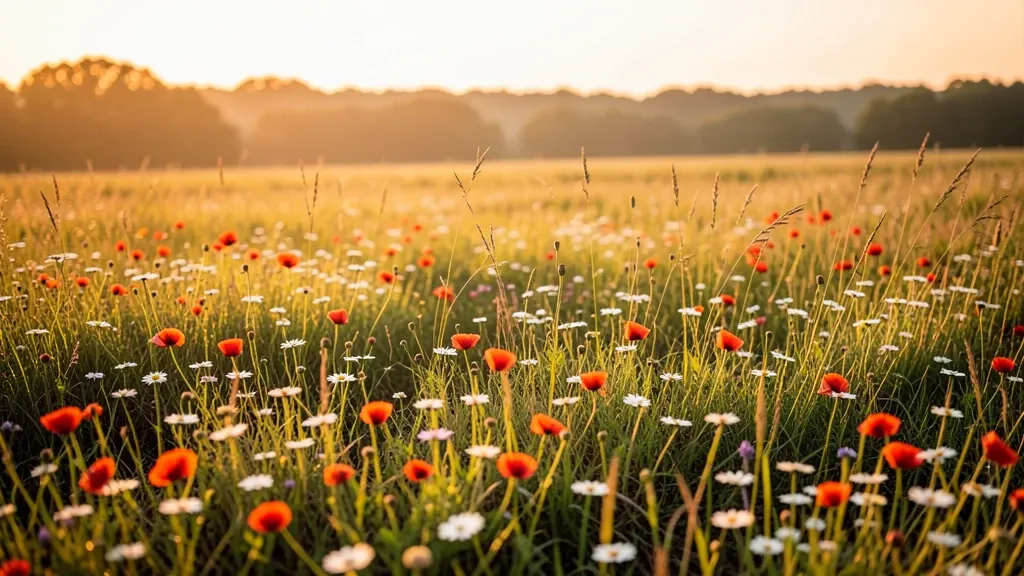 Wildflower meadow of poppies and daisies backlit by golden sunset light with a distant tree line