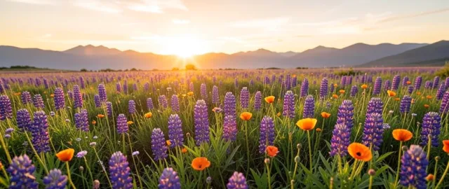 Vast wildflower meadow of purple lupines and orange poppies under golden sunset sky and distant mountains