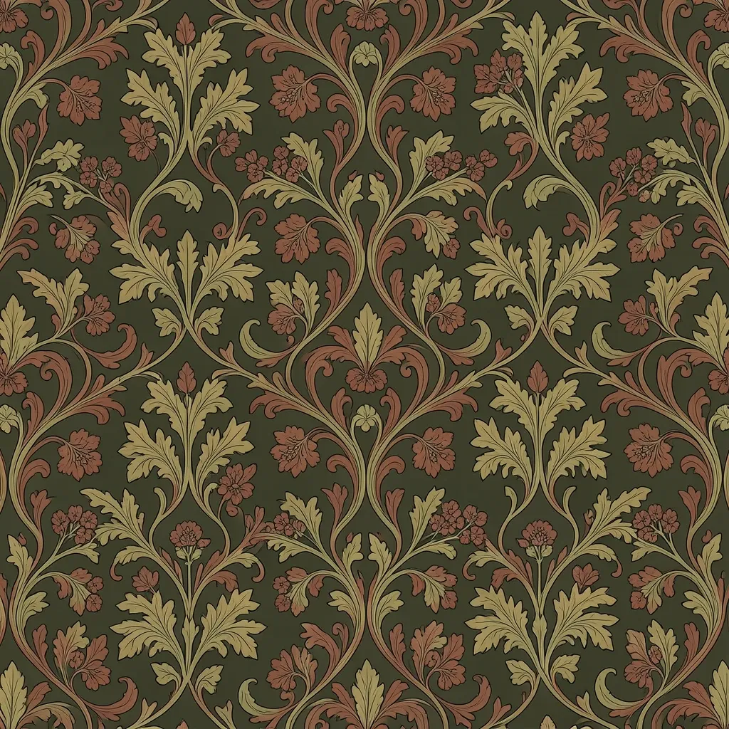 William Morris style seamless acanthus leaf pattern in ochre olive and terracotta on dark olive