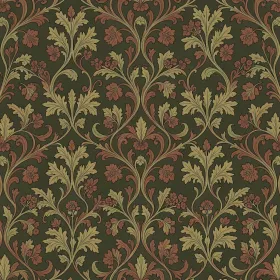 William Morris style seamless acanthus leaf pattern in ochre olive and terracotta on dark olive