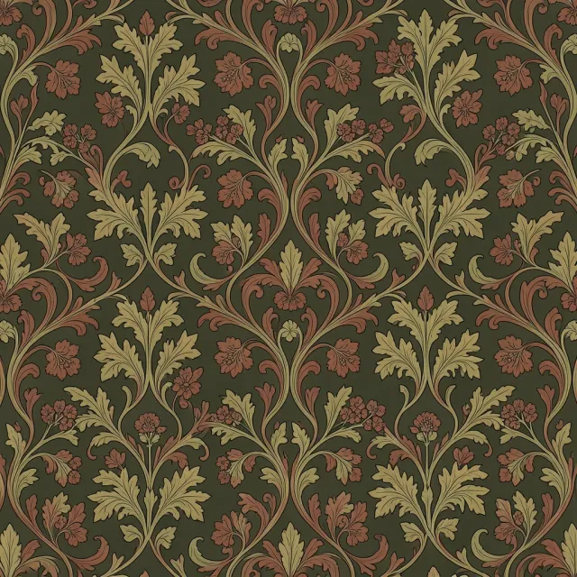 William Morris style seamless acanthus leaf pattern in ochre olive and terracotta on dark olive