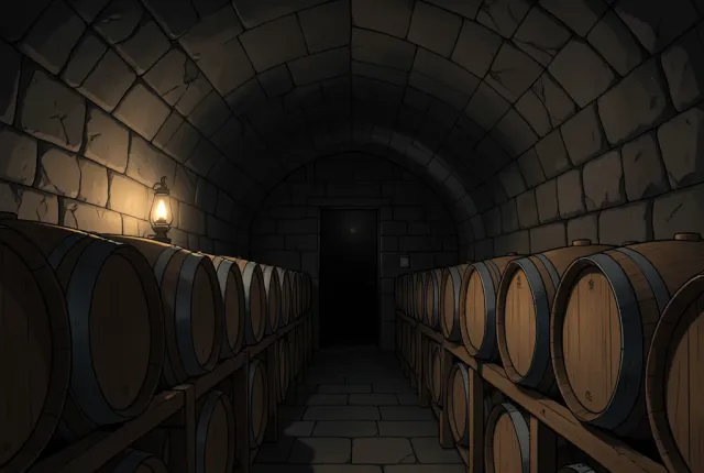 A clean illustration of a wine cellar with oak barrels in racks and a candle lantern's warm light.