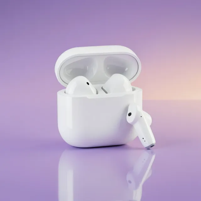 White wireless earbuds on a violet-peach gradient — AI-generated example render