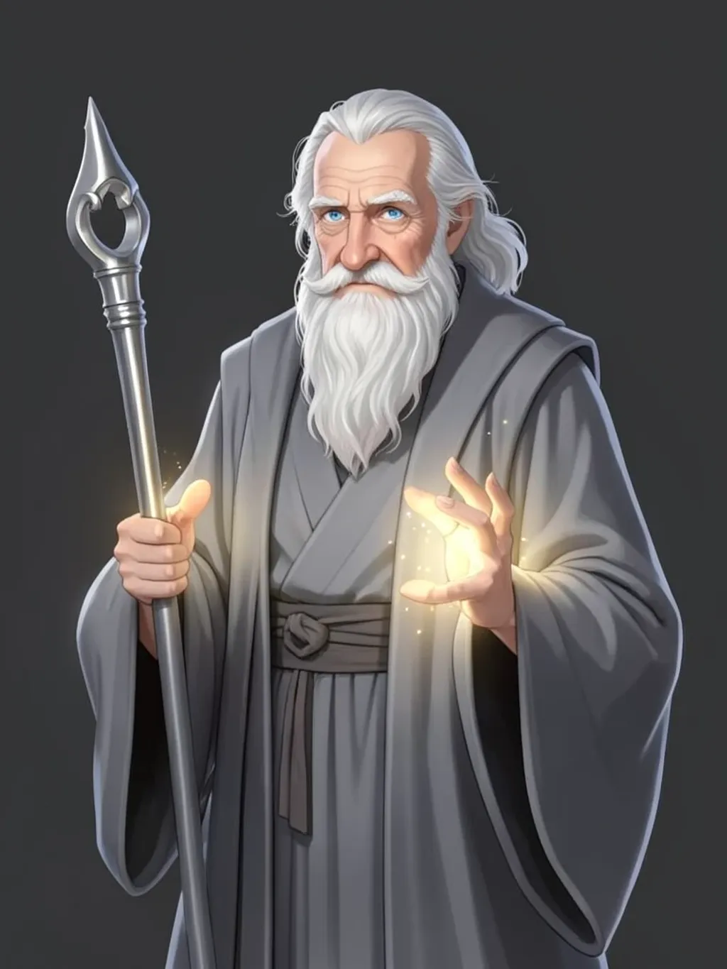Wise elderly wizard with grey robes, silver staff, and soft magical glow around his hands