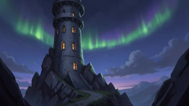 Spiral stone wizard tower on a rocky crag with glowing amber windows under a green aurora at twilight