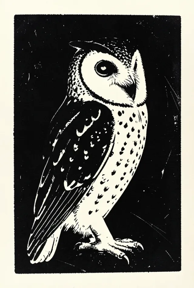 Black ink woodcut of a barn owl on cream paper with carved gouge marks in the dark fields