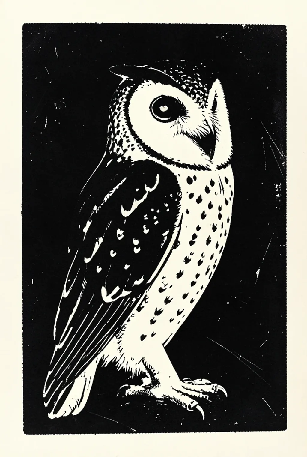 Black ink woodcut of a barn owl on cream paper with carved gouge marks in the dark fields