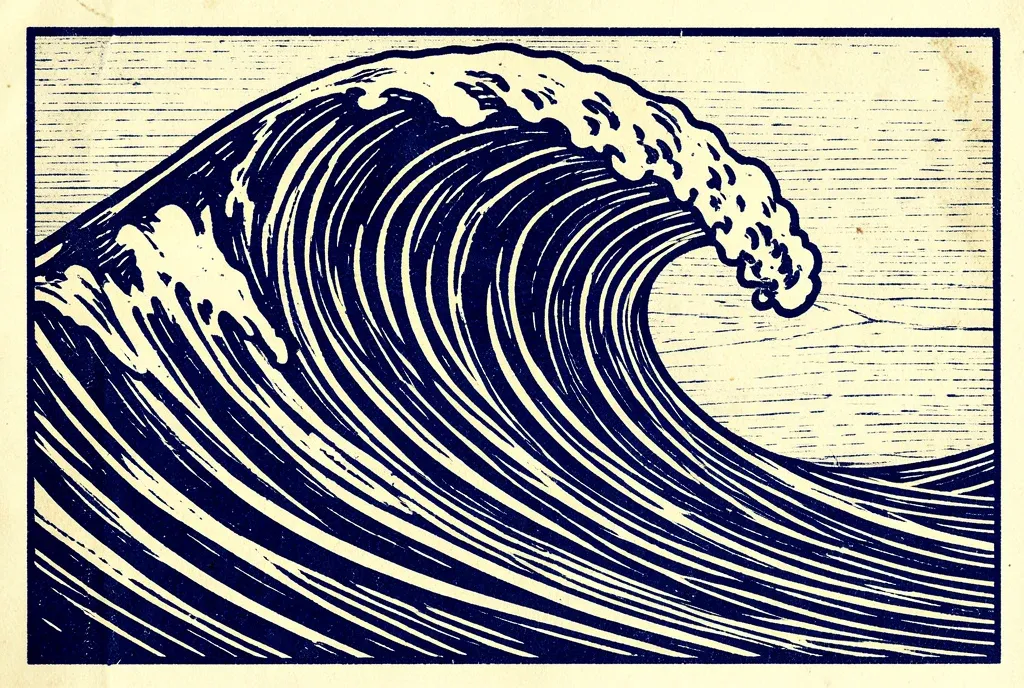 A large curling wave in bold carved woodcut lines of indigo and cream