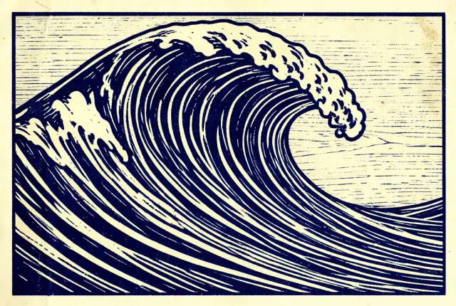 A large curling wave in bold carved woodcut lines of indigo and cream