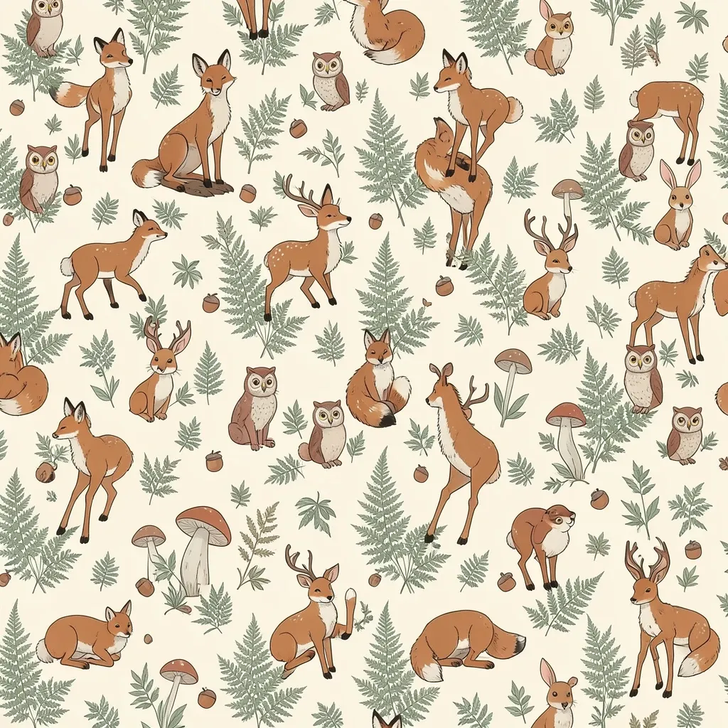 A seamless pattern of foxes, deer, rabbits and owls among ferns in muted storybook colours