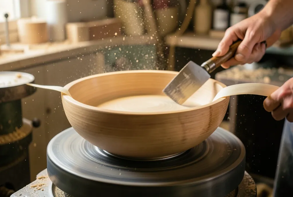 A bowl spinning on a lathe as a gouge peels a long curling shaving from the rim