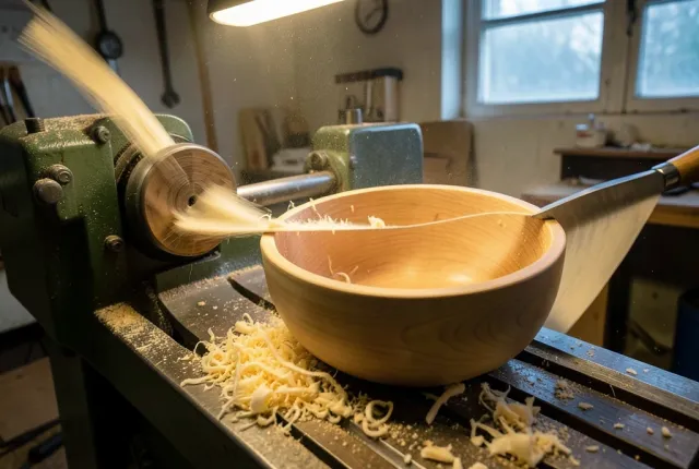 Wood lathe mid-cut with a maple bowl blank peeling a long pale shaving under workshop light