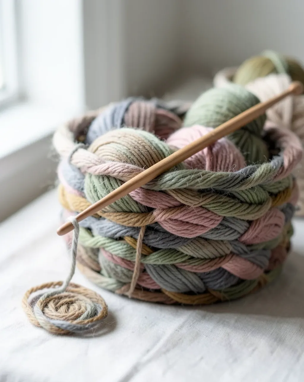 Basket of hand-dyed wool yarn hanks in sage, oatmeal and dusty rose with wooden needles