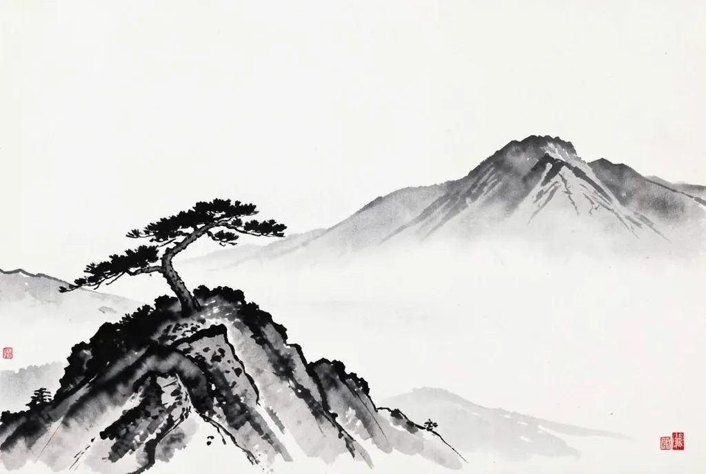 A minimalist sumi-e ink landscape of a lone pine and misty mountains with a red seal