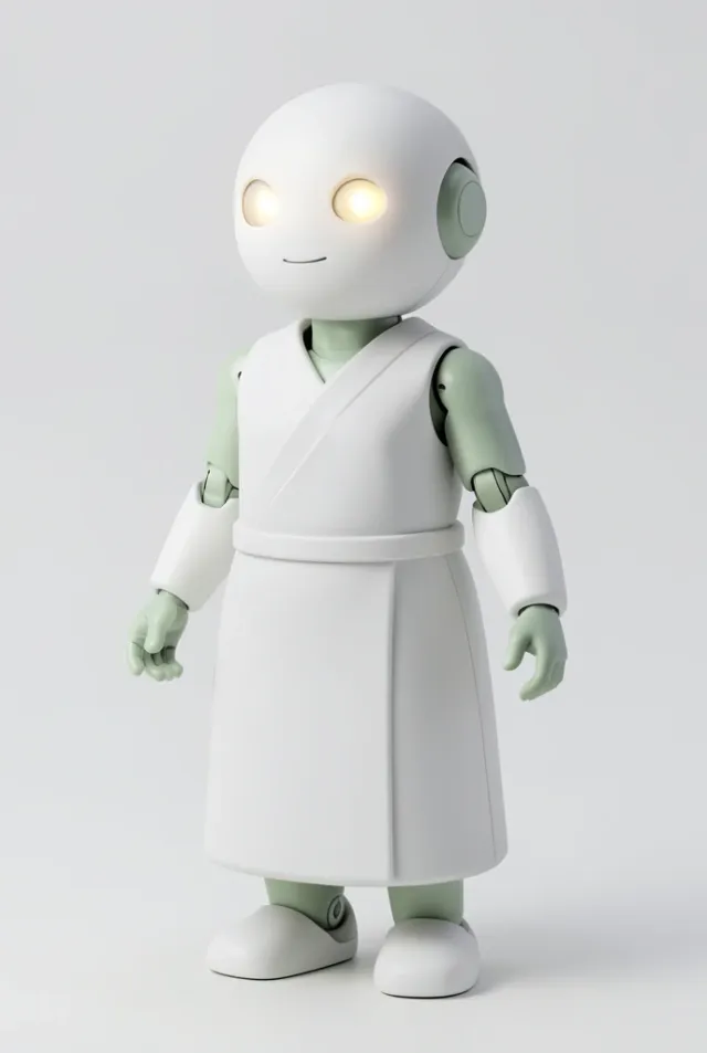 A calm matte-white ceramic robot monk character with a glowing eye, full-body reference view