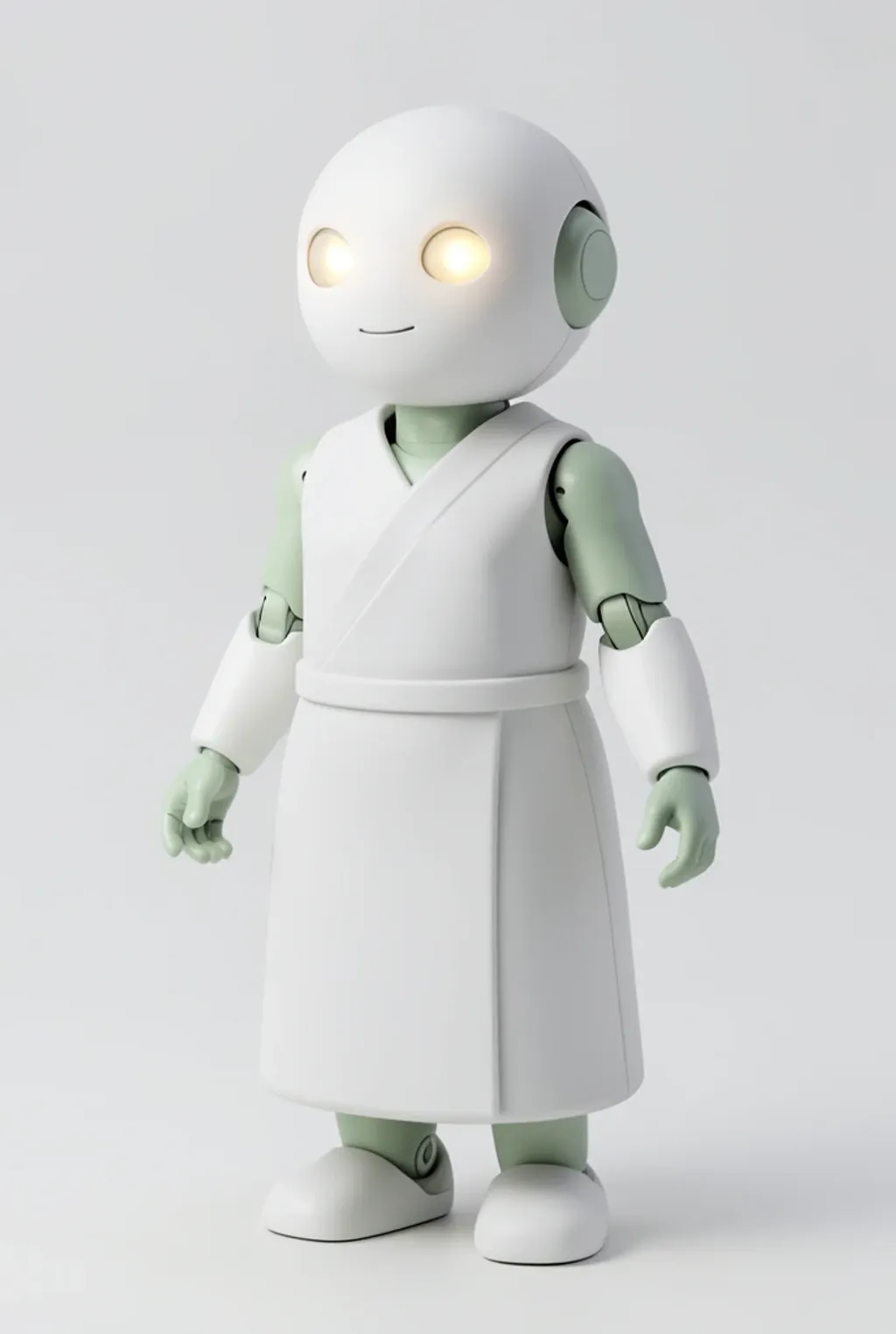 A calm matte-white ceramic robot monk character with a glowing eye, full-body reference view